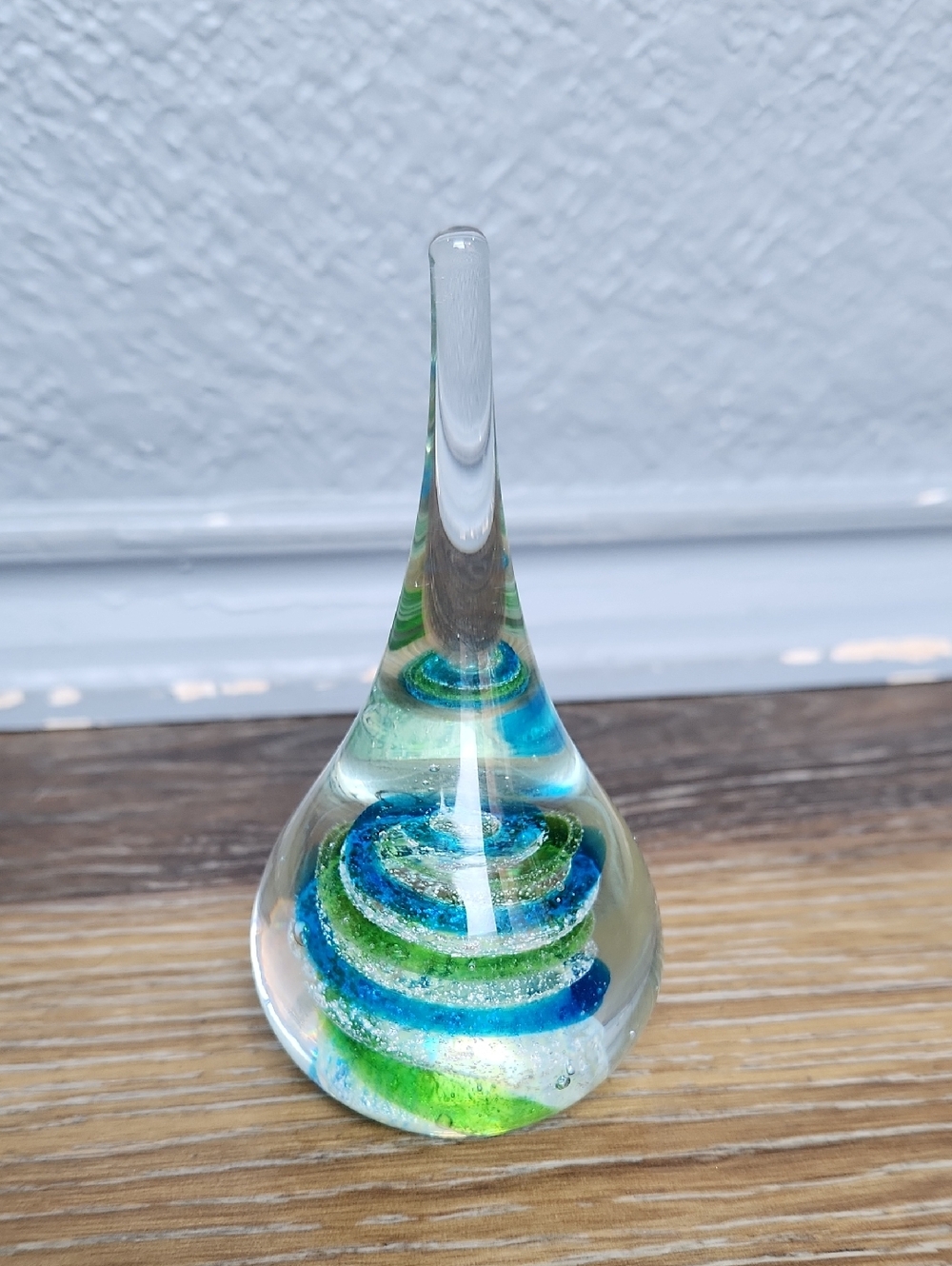 Two's Company Hand Blown Glass Teardrop Blue Green Swirl Paperweight